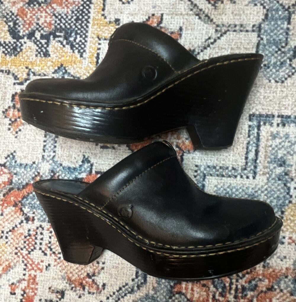 Born Black Leather Platform Clog Mule Round Toe Slip On Contrast Stitching 6